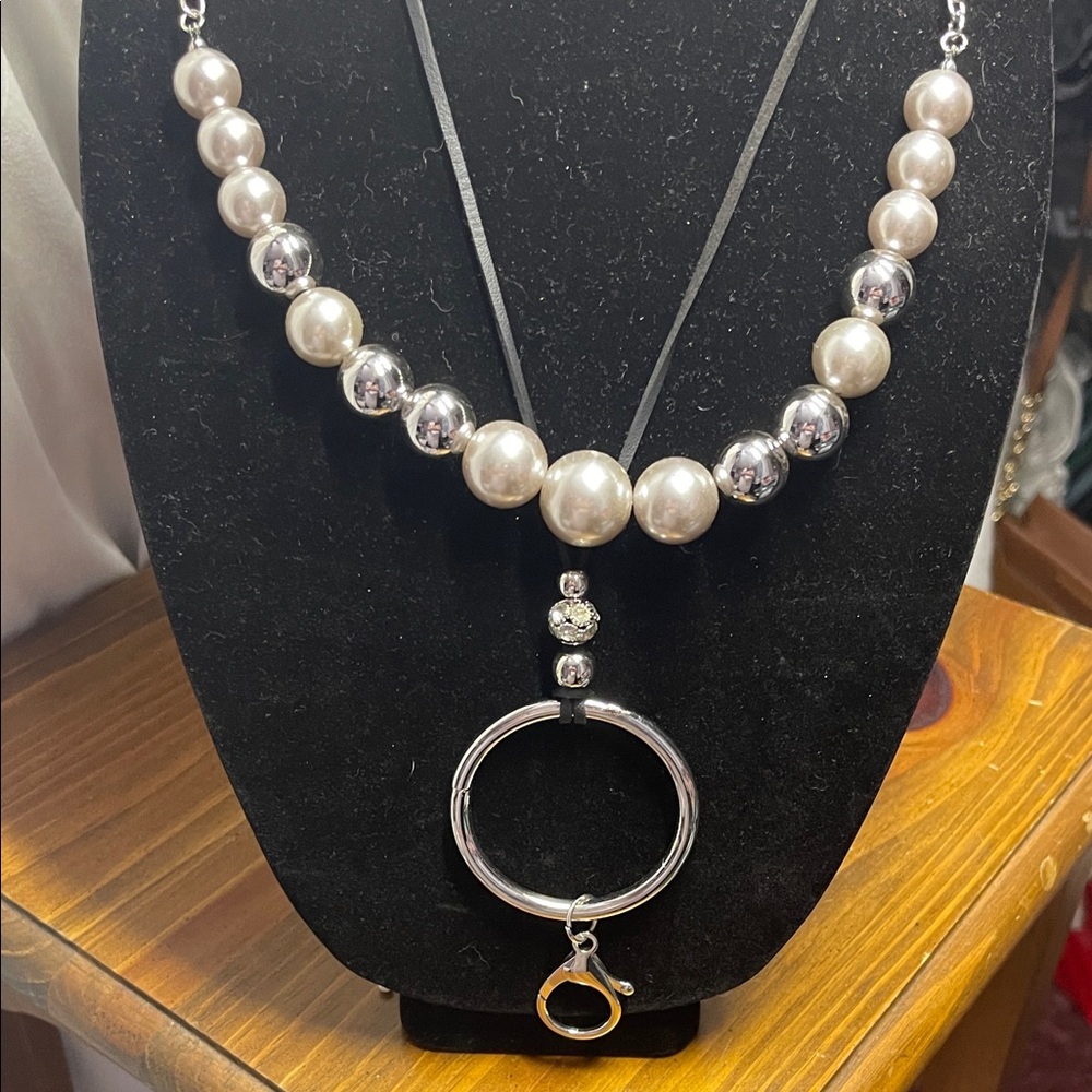 Paparazzi Elegant Silver/Pearl Necklace Set and Silver Lanyard with Black Cord